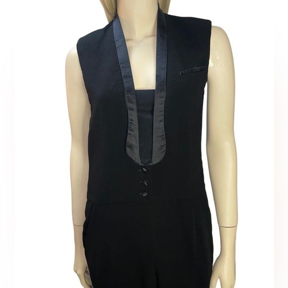 Maje Jumpsuit Elfie Tuxedo Plunging V Neck Black Satin Trim - Picture 8 of 14